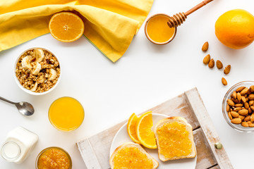 Breakfast with granola mockup on white background top-down copy space