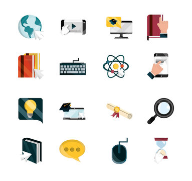 online education study technology school icons set isolated icon shadow