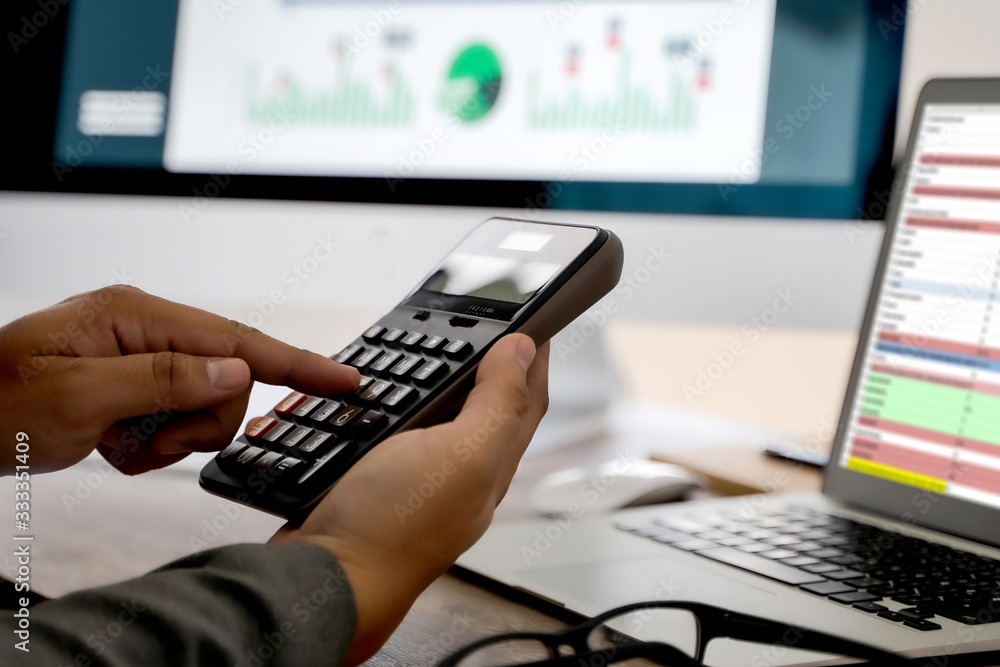 Aufkleber close up businessman using calculator on documents unrecognizable finance use calculate about cost a