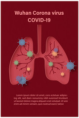 Closeup symbols of virus on the human lung with wording of the new corona virus (COVID-19) and example texts on red background. All in paper cut style and vector design.