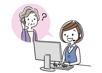 Stock illustration: call center, senior woman talking with operator woman