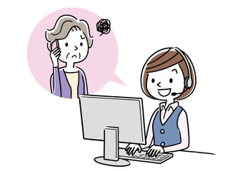 Stock illustration: call center, senior woman talking with operator woman &nbsp;
