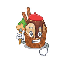 Talented coffee ice cream Artist cartoon character with brush