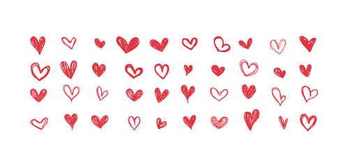 Set of red doodle hearts. Heart drawn the hand. Vector illustration.