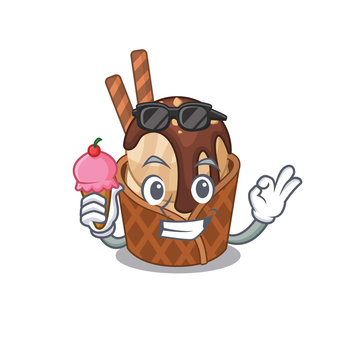 Cartoon Character Of Coffee Ice Cream Holding An Ice Cream