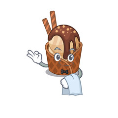 A design of coffee ice cream cartoon character working as waiter
