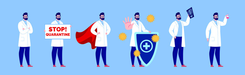 Doctor character set with different pose. Isolated. Male doctor.