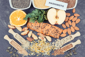 Inscription hashimoto with best nutritious food for healthy thyroid. Natural eating containing vitamins