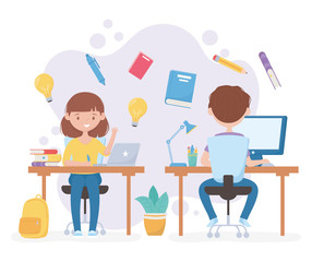 education online students girl and boy desk with books backpack