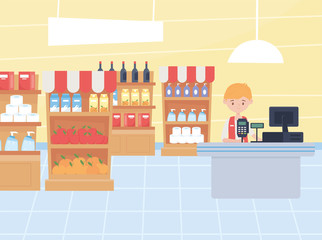 man cashier and shelves full products food excess purchase