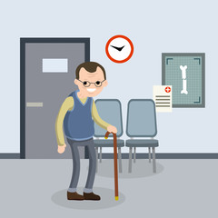 Old senior man in doctor office in hospital. Cartoon flat illustration. Cute Grandfather. Providing medical care. Trauma patient. Happy grandparent