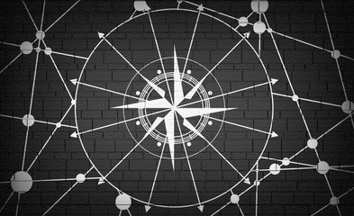 Brochure or report design template. Connected lines with dots. Travel and discovery relative image. Compass symbol on geometry pattern