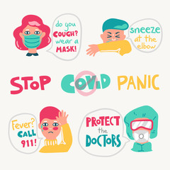 Coronavirus vector cartoon set. Symptoms, recommendations, lettering compositions.