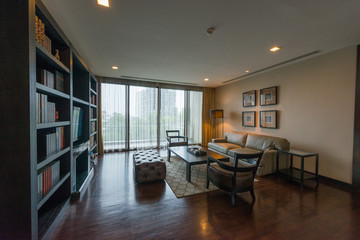 Modern living room and kitchen in small apartment 