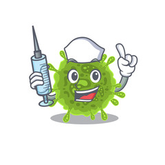 Friendly nurse of coronavirus mascot design holding syringe