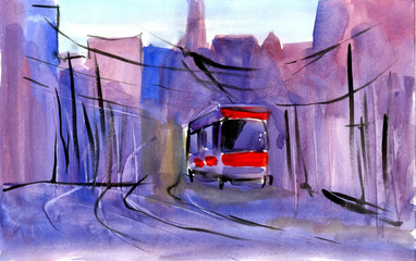 Watercolor sketch or illustration of a traditional old-fashioned tram on a street in Prague in Czech Republic.