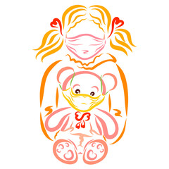 girl and teddy bear in medical masks