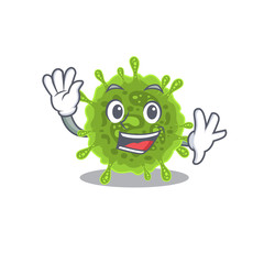 Fototapeta premium Smiley coronavirus cartoon mascot design with waving hand