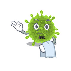 A design of coronavirus cartoon character working as waiter
