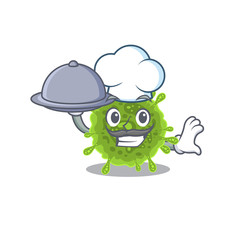 coronavirus as a chef cartoon character with food on tray