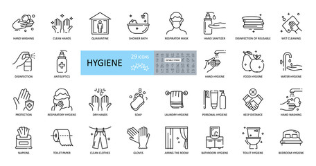 Hygiene icons. Set of 29 images with editable stroke. Includes hygiene of hands, body, premises, clothing, bedding. Hand washing with soap, shower, respiratory mask, antiseptic, quarantine, distance - obrazy, fototapety, plakaty