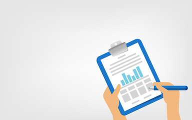 tasks clipboard icon in hands and pen and copy space, clipboard with checkmark for report quality check, infographics check stock for quality control, signed approved document symbol project completed