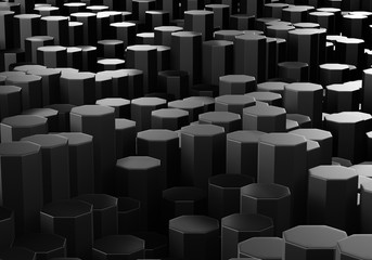 3D render abstract geometric polygon background. Many black octagonal boxes. Many black octagonal stick in darkness background.