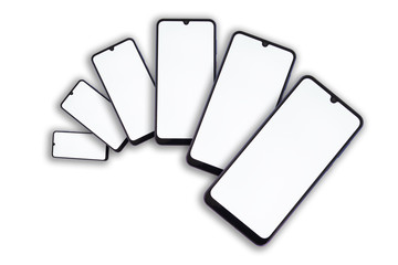 Smartphones with blank screens faned out as they move away on a white isolated background.