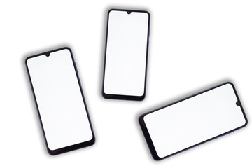 Three smartphones with a blank screen on a white background.