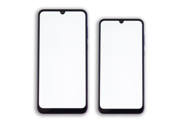 Two oval smartphones of different sizes lie symmetrically to each other with clean screens.