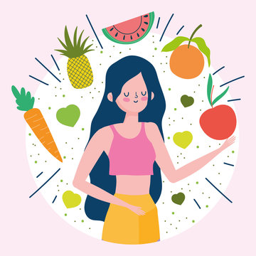 Young Woman With Fruits And Vegetables Healthy Life