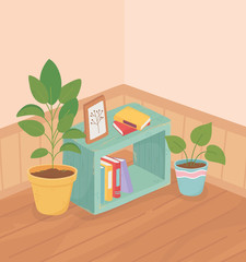 sweet home plants in pot interior bookcase frame wooden floor