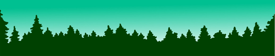 Fototapeta premium Silhouette of coniferous forest. Vector isolated illustration. Dense impenetrable thickets of Taiga. The sun rises behind the trees. The sky is green, hard winter frost.
