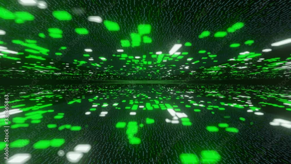 Poster green futuristic stream data communication flying into digital technologic