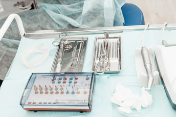 Fototapeta na wymiar Dentist tools. Dentist workplace equipment set. Health and medicine. Close-up