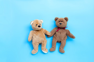 Bear toy couple on blue background.