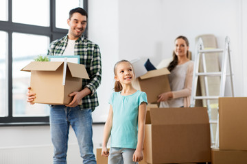 Fototapeta na wymiar mortgage, family and real estate concept - happy mother, father and little daughter with stuff in boxes moving to new home
