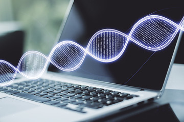 Creative concept with DNA symbol illustration on modern laptop background. Genome research concept....