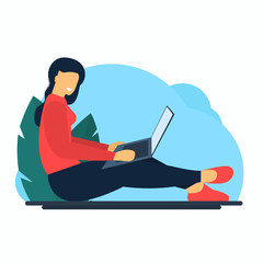 Fototapeta na wymiar Woman using laptop. Home working, Online shopping. Freelance, e-learning concept. Flat vector illustration.