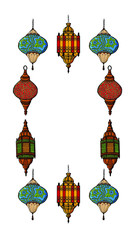 Greeting card for Ramadan with colored lanterns. Cartoon style. Stock illustration. White background, isolate.
