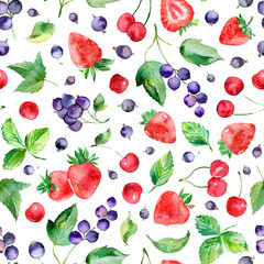 Various berries watercolor pattern, cherry, black currant, strawberry seamless background
