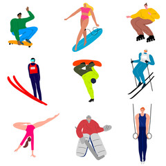 Set of sportsmen doing various kinds of sports activities. Vector illustration in flat cartoon style