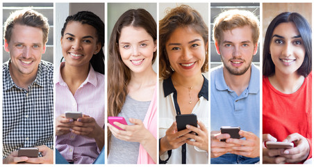 Joyful multiracial men and women using cell portrait set. Young people of different races with...