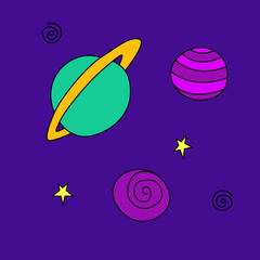 Planets, dark holes, stars, satellites, space objects. Design element, icon on the theme of cosmos, UFO. Doodle color vector illustration