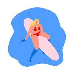 Surfer girl character in a red swimsuit riding sitting on a surfboard. Vector illustration in flat cartoon style