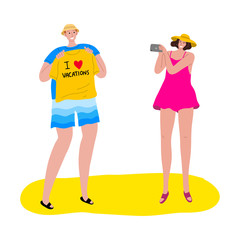 Tourists man and woman taking a photo of a yellow t-shirt. Vector illustration in flat cartoon style