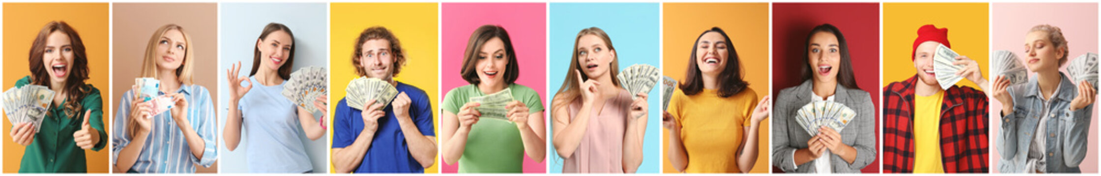 Collage of photos with emotional young people holding their money