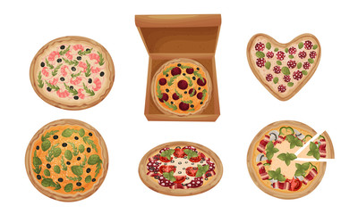 Pizza with Shrimps and Salami Slices Garnished with Greenery Packed in Carton Box and Isolated on White Background Vector Set