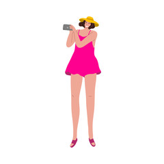 Tourist woman in a pink dress taking a picture with the digital camera. Vector illustration in flat cartoon style