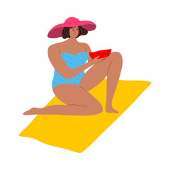 Cute girl lying on the rug and relaxes. Vector colorful illustration in cartoon style